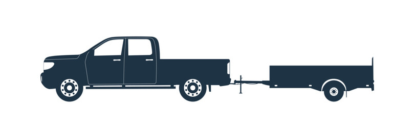 A pickup truck tow 1 axle open trailer. Vector illustration. © lyudinka
