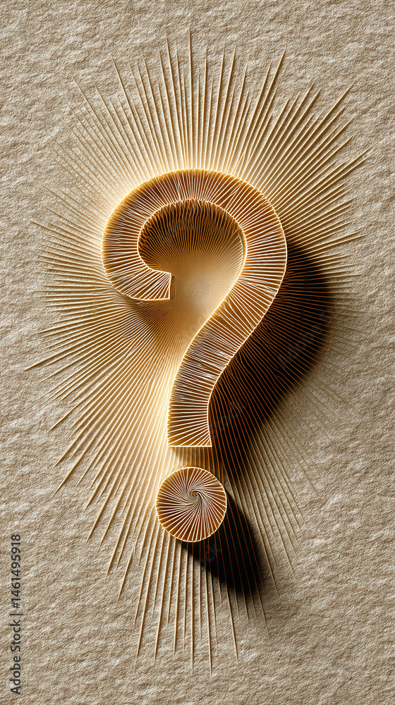 Poster beige question mark formed from layered lines on textured background, radiating lines surrounding it