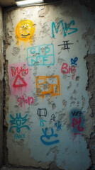 Obraz premium Weathered Surface Adorned with Vibrant Graffiti.