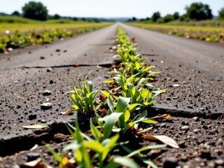 Green sprouts emerging from a cracked asphalt road in a rural landscape.