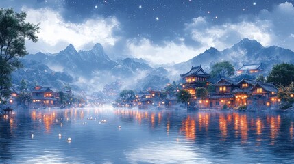 Obraz premium Serene waters reflect a quaint village nestled between misty mountains