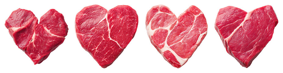 Fototapeta premium Heart shaped raw meat pieces with fresh red texture and marbling