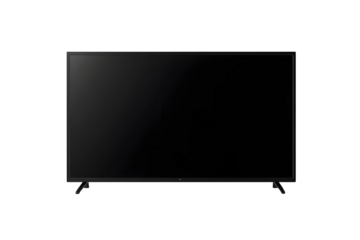 A modern flat-screen television with a sleek, dark frame and black screen.  It displays a blank image