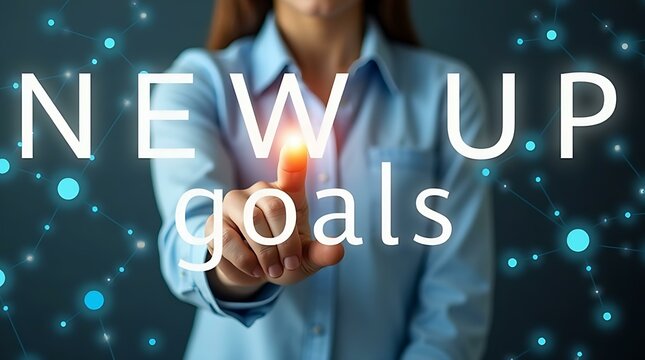 Woman pointing at "new up goals" text overlay on a digital world map, symbolizing setting aspirations for global success or development using technology. - Powered by Adobe
