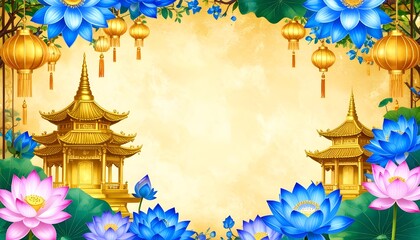 Obraz premium Golden Buddhist Temple with Blue Lotus and Bodhi Tree on Vintage Parchment – Vesak Day Spiritual Background
