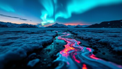 Naklejka premium Damascus steel texture showcases swirling aurora borealis on a frosty plain beneath a twilight sky.