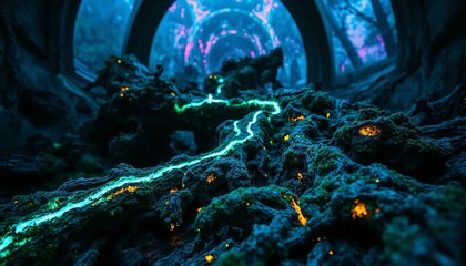 Ancient redwood bark glows with neon cracks on a dome within a twilight rainforest setting.