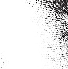 A dynamic scattering of dark dots creates a sense of movement and dispersion across a white background.