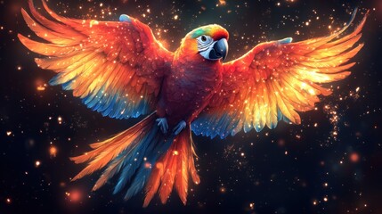 Fiery Macaw in Flight, Sparkling Night Sky, Fantasy Art, Print
