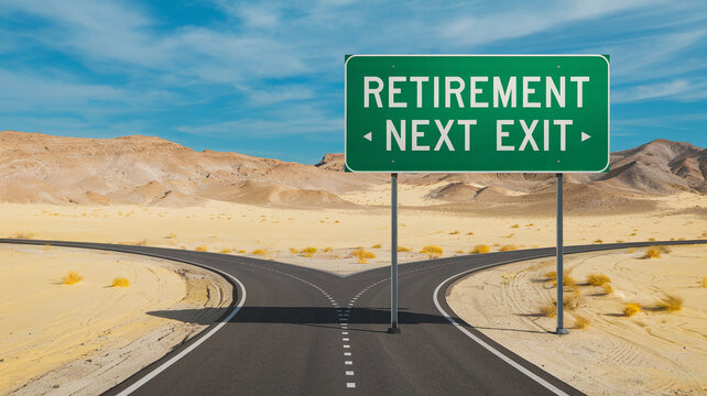 Desert road splits at fork, green sign reads "Retirement Next Exit", symbolizing life choices and transition into retirement