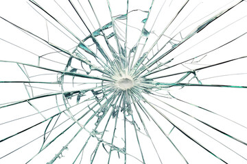 Realistic broken glass with sharp radial cracks spreading outward from a central impact point. The jagged shards and detailed fracture lines give the appearance of shattered glass, suitable for visual