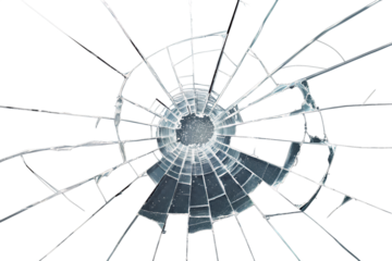 Realistic broken glass with sharp radial cracks spreading outward from a central impact point. The jagged shards and detailed fracture lines give the appearance of shattered glass, suitable for visual
