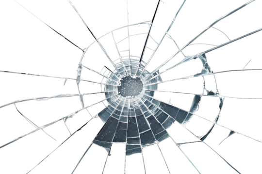 Realistic broken glass with sharp radial cracks spreading outward from a central impact point. The jagged shards and detailed fracture lines give the appearance of shattered glass, suitable for visual