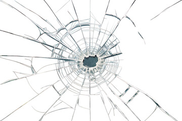 Obraz premium Realistic broken glass with sharp radial cracks spreading outward from a central impact point. The jagged shards and detailed fracture lines give the appearance of shattered glass, suitable for visual
