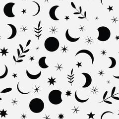 Monochrome black boho moon phases with stars and leaves seamless pattern on white background. For wallpaper, home décor and fabric