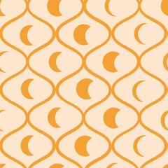 Phases of the moon in orange on retro ogee seamless pattern. For wallpaper, home décor and fabric