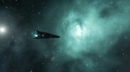 Spaceship travels through teal nebula, stars.