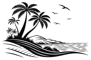 98 Tropical island silhouette, palm trees, wavy water, black and white illustration, minimalist design, beach landscape, graphic art, simplified shapes, coastal scenery, vacation vibes, tranquil ocean © Md Ruhul Amin