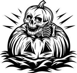 Obraz premium SVG vector of a Halloween-themed pumpkin skull design. Creepy Skeleton Inside Pumpkin Illustration for Halloween Occasion