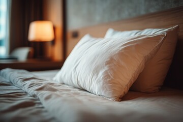 Close-up view of a comfortable bed with soft white pillows in a cozy hotel room, featuring warm lighting, creating an inviting and relaxing atmosphere.