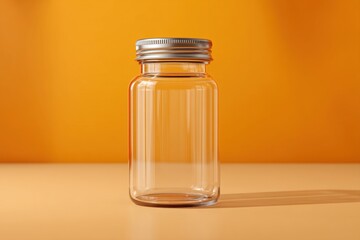 A minimalistic product shot of an empty glass bottle with a silver metal cap, perfectly centered against a vibrant orange background creating an inviting and clean presentation.