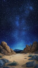 Obraz premium Starry night sky over desert, rocky landscape.