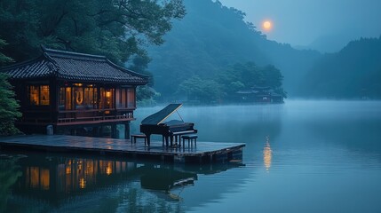 Fototapeta premium Tranquil Lakeside Piano