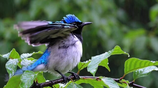 Blue bird flapping wings on rainy day in forest branch habitat closeup