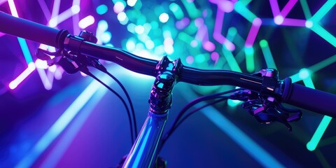 Handlebar close-up in neon blue, rushing past rings of glowing green and violet polygons. 