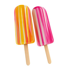 Two vibrant popsicles, one orange and one pink, with striped patterns, sit close together