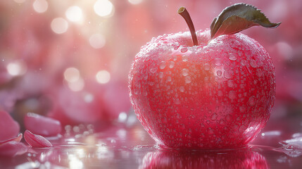 Glistening red apple resting on a reflective surface surrounded by droplet-covered petals creates a serene autumn ambiance