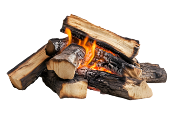 A close-up view of a crackling campfire.  Logs are stacked, with flames licking at them, producing heat and light.  The wood is a light brown, darkening where it has burned