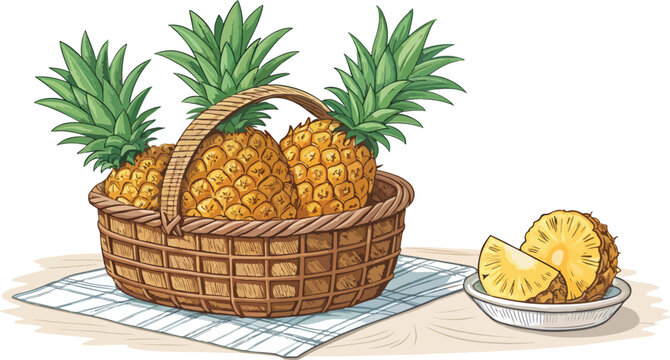 pineapples in basket, sliced fruit on plate clip art preview