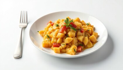 Empty plate with untouched food, stark white background, wellness, health, spirit