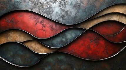 Abstract metal wall art with flowing curves in red, brown, and blue tones, adding texture and depth to modern decor.