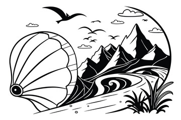 99 black and white illustration, abstract seashell, mountain peaks, ocean waves, surreal landscape, negative space, high contrast, minimalist design, organic shapes, flowing lines, nature fusion, symb
