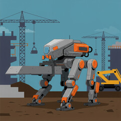 A four-legged loader robot transports heavy construction materials on a construction site. Modern technologies and an innovative approach in construction work. Cartoon vector style illustration.