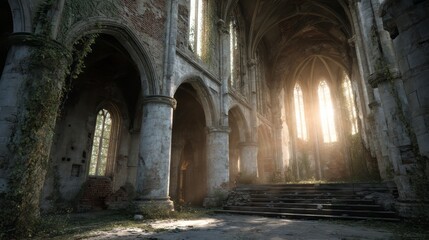 Fototapeta premium sunlight streams through the arched windows of a dilapidated church.