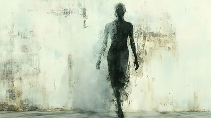 Obraz premium Abstract figure walking through a textured wall.
