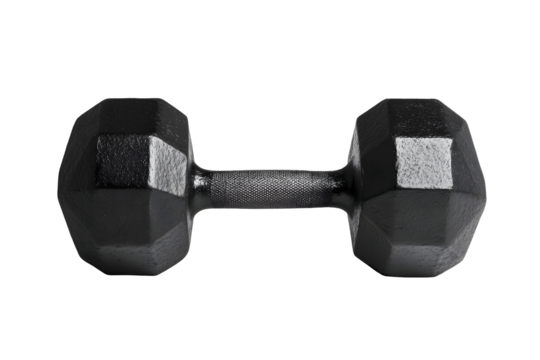 Heavy, octagonal dumbbell, black finish.  Solid, cast iron construction