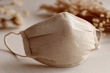 A close-up of a reusable fabric face mask with soft light and natural elements, perfect for showcasing sustainable pandemic protection alternatives, stylish and eco-friendly.