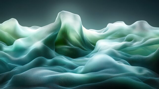 Abstract landscape of flowing fabrics in teal and light teal.  Soft, textured, 3D forms resembling mountains or waves