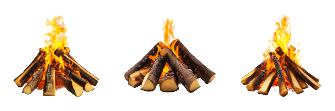 Set of Warm campfire glowing in evening darkness isolated on transparent background