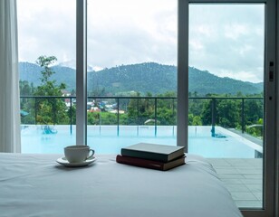 minimalist bedroom, there is a window with a view of the countryside and mountains