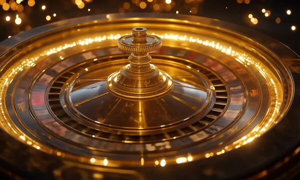 Golden spinning roulette wheel with reflections and lights in casino setting. Concept of chance and gambling entertainment