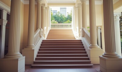 Fototapeta premium Elegant staircase with classical columns leading to bright outdoor space