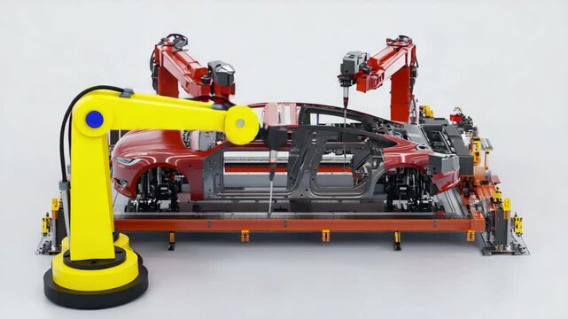 a car frame being assembled by robotic arm moving precisely to weld or attach parts on white background