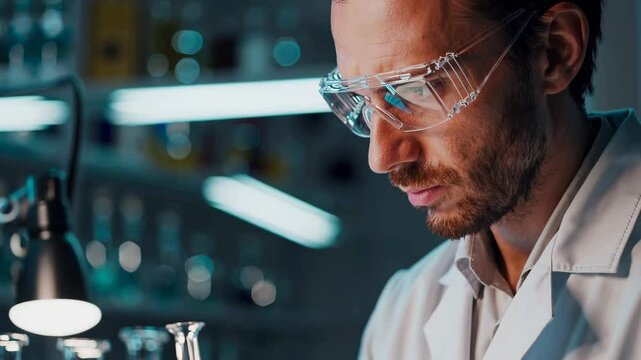 Scientist conducting laboratory experiment with glassware and protective gear