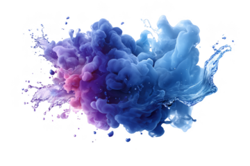 Colorful ink splash in shades of blue and purple with flowing water-like elements. Png, Transparent background.