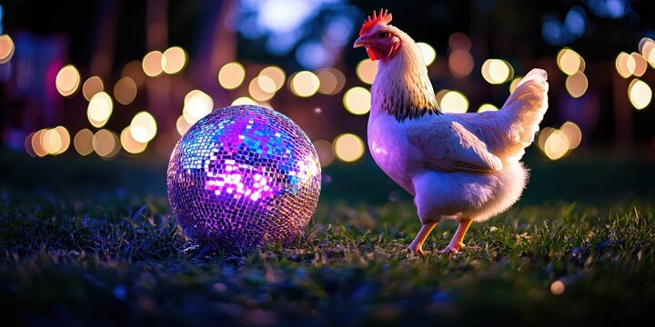Night party scene where a chicken inspects a glittering disco ball on grass 